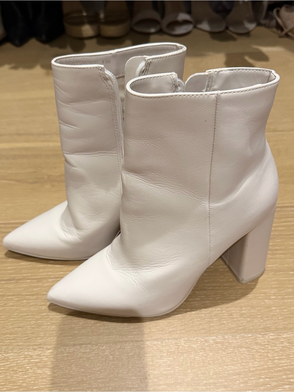 Steve Madden White Pointed Toe Block Heel Ankle Boots